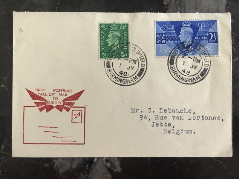 1948 Sutton Coldfield England Resumption of All Up Mail to Europe Cover Belgium