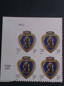 UNITED STATES-2003-SC# 3784 PURPLE HEART MNH PLATE BLOCK OF 4 VERY FINE