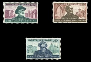 Italy #594-596 (Sass. 677-679) Cat€80, 1951 Verdi, set of three, never hinged