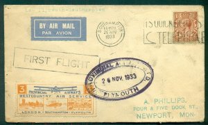 GREAT BRITAIN, 1933, First Flight cover w/PROVINCIAL AIRWAYS Flight Label tied