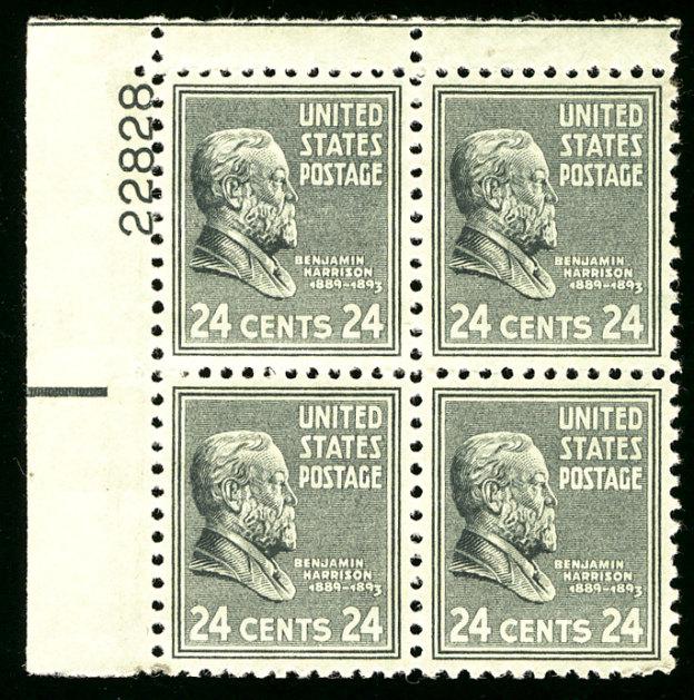 US #828 PLATE BLOCK, SUPERB mint never hinged, 24c Harrison, A select mint pl...