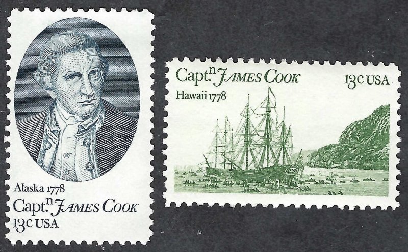 United States #1732-33 13¢ Captain James Cook (1978). Two singles. MNH