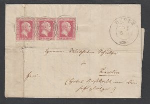 Prussia Sc 6 strip of 3 on 1859 cover, Düren CDS, 3 target cancels tie 1sg rose 