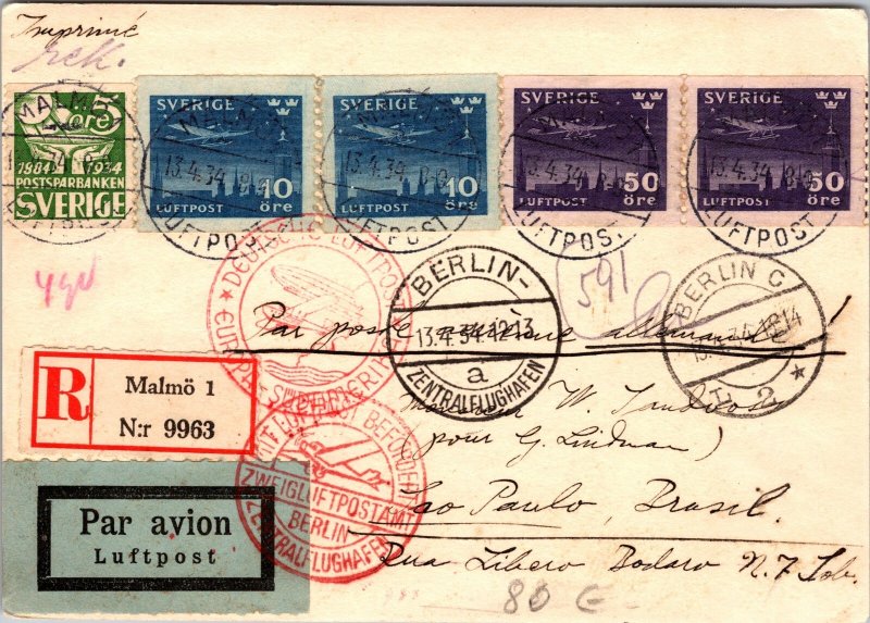 1934 Malmo Sweden registered LZ 127 Graf Zeppelin Postcard Cover to Germany