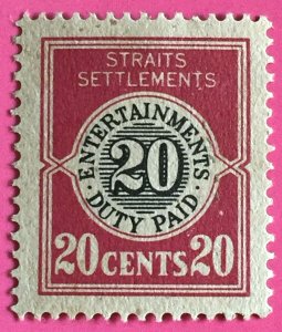 MALAYA 1920 Entertainments Duty Paid 20c Fresh Mint NH No Wmk ISC#ED2 M3299