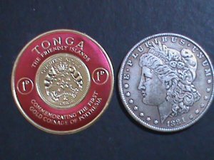 ​TONGA-1963 SC#128 GOLD FOIL COAT OF ARMS-1/4 KOULA COIN-REVERSE MLH- VF