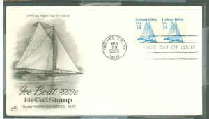 US 2134 1985 14c Ice boat coil pair, unaddressed FDC, artcraft cachet.