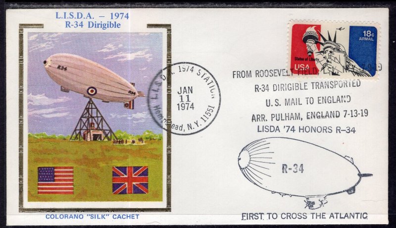 US Lisda Honors Dirigible R-34 First to Cross the Atlantic 1974 Colorano Cover