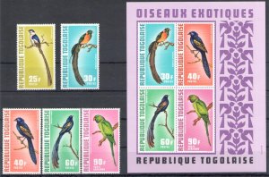 1972 Togo Republic - Yvert # 750/54 + Airmail 184 + Sheet 63 - Uccelli - 5 value