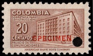 ✔️ COLOMBIA 1952 POST OFFICE  SPECIMEN & PUNCH Mi. 638 SC.602 MNH KEY VAL [36.]
