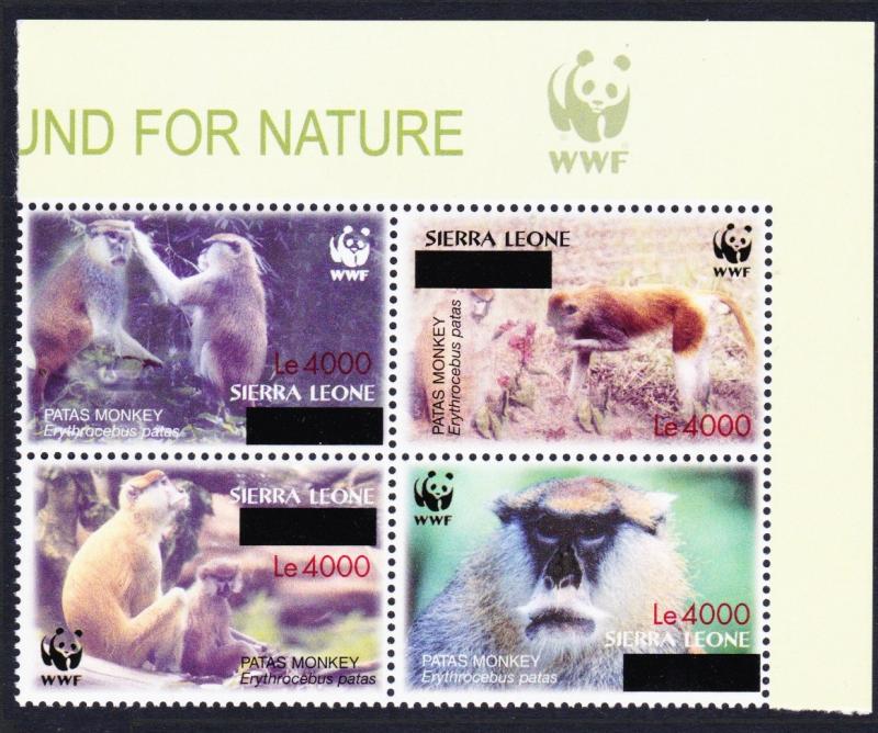 Sierra Leone WWF Patas Monkey with overprint Top Right Block of 4 WWF Logo RARE