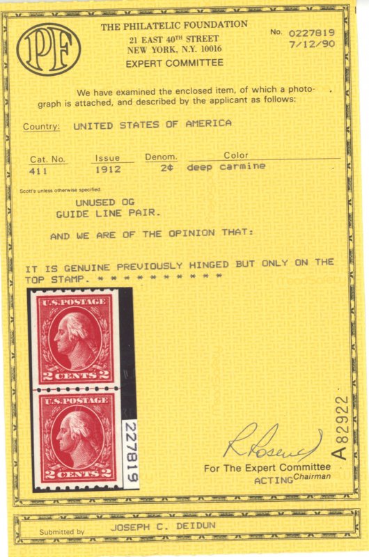 U.S. #411 MINT PAIR WITH PF CERT