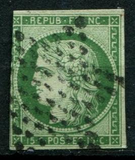 FRANCE    2 Used 1849 15c grn, grnish Ceres CV $900.00