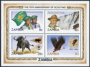 Zambia 271a, MNH.Michel Bl.11. Scouting 1982. Lord Baden-Powell, Buffalo, Eagle.