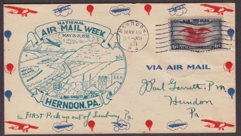 1938 National Air Mail Week, Herndon Pennsylvania PA, printed cachet Sc C23 