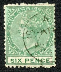 St Kitts-Nevis SG5 6d Green Wmk Crown CC Perf 12.5 Cat 7.50 pounds