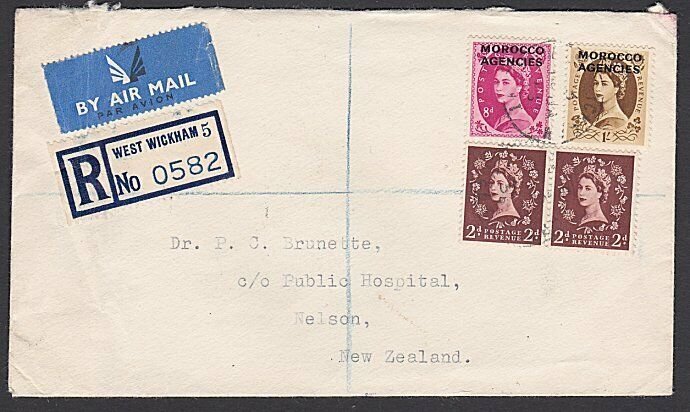 GB 1956 Registered airmail cover to NZ - mixed Morocco Agencies opts........J356