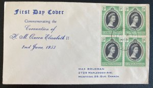 1953 Cayman Island First Day Cover Queen Elizabeth 2 coronation Stamp Block