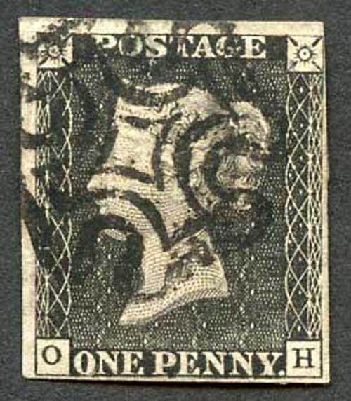 Penny Black (OH) Plate Four Margins with a worn plate