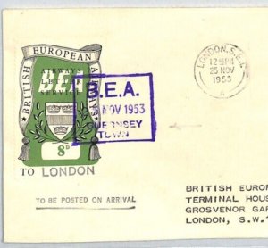 GB 1953 CHANNEL ISLANDS QEII Air Cover BEA Stamp *GUERNSEY TOWN* Airport XZ216