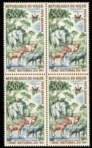 Niger #C14 Cat$76, 1960 500fr Animals, block of four, never hinged, some gum ...