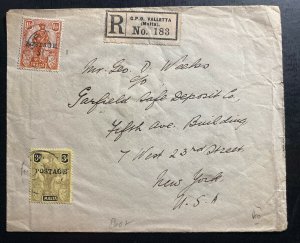 1926 Valletta Malta Registered Cover To New York USA