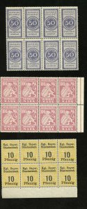 GERMAN STATES BAVARIA GROUP OF 14 REVENUES MINT NH BLOCKS OF EIGHT OF EACH 