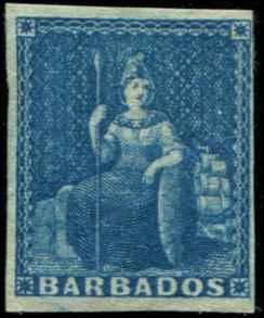 Barbados SC# 2a SG# 3 Britannia (1d) blue Imperf MH orig gum