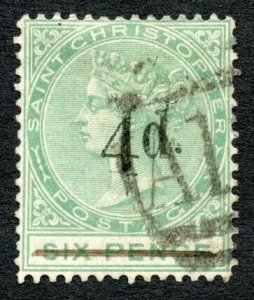 St Kitts-Nevis SG25 4d on 6d green Fine used Cat 95 pounds