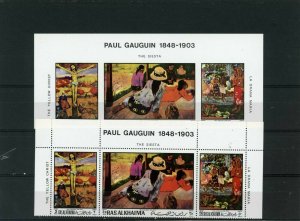 RAS AL KHAIMA 1970 PAINTINGS BY GAUGUIN 2 STRIPS OF 3 STAMPS PER. & IMPER. MNH