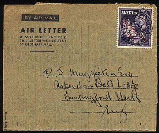 MALTA 1953 GV 3d on formular airletter used to UK......................30303