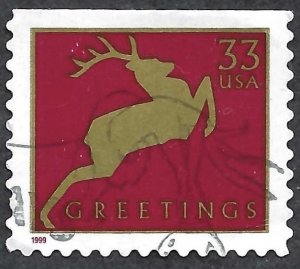 United States #3364 33¢ Christmas - Deer. (1999). Red. Booklet single. Used.