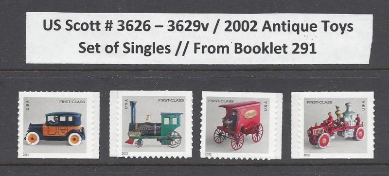 US Scott # 3626 - 29 / 3629v  Antique Toys, SA St of Singles from BK 291 