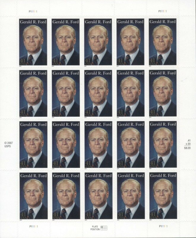 US: 2007 GERALD FORD; Sc 4199; Complete Sheet of 20, 41 Cents Values