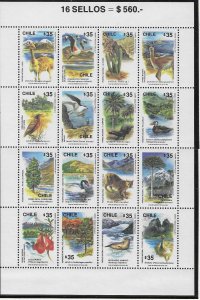 chile #1861  $35   Wildlife pane of 16  (MNh) $20.00