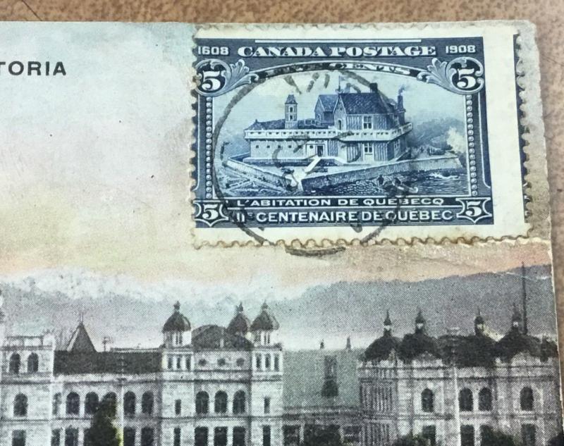 CANADA  #99 1908 5¢ Dark Blue Quebec RARE on cover ,nice postcard