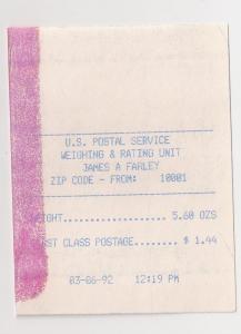 1992 NYC WEIGHING AND RATING UNIT receipt 3-6-92 defunct Postal Form