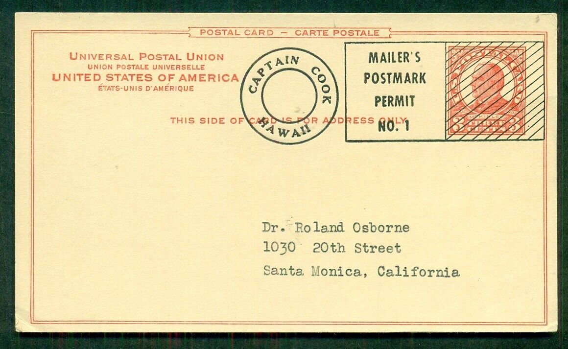HAWAII 3¢ card w/Captain Cook Mailer Permit cancel, mailed pre