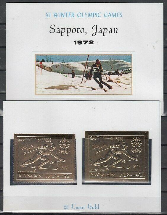 Ajman, Mi cat. 653 A-B. Sapporo Olympic Skier, GOLD FOILS in Souvenir Folder. ^