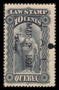 QUEBEC REVENUE 1893 VINTAGE 10c #QL32 FINE LAW STAMP DATED CANCEL MAR 2 1896