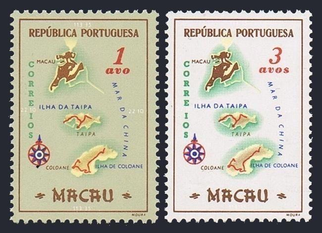 Macao 383-384,MNH.Michel 406-407. Map of Colony,1953.