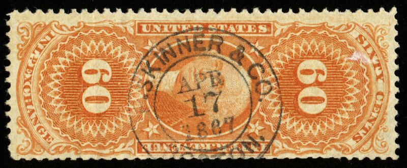 B624 U.S. Revenue Scott #R64c 60c Inland Exchange 1867 handstamp cancel