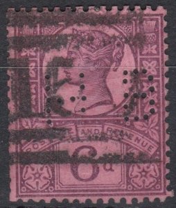 Great Britain Sg208 6d Purple/Rose Red Used Perfin HB Cv £15