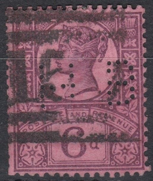 Great Britain Sg208 6d Purple/Rose Red Used Perfin HB Cv £15