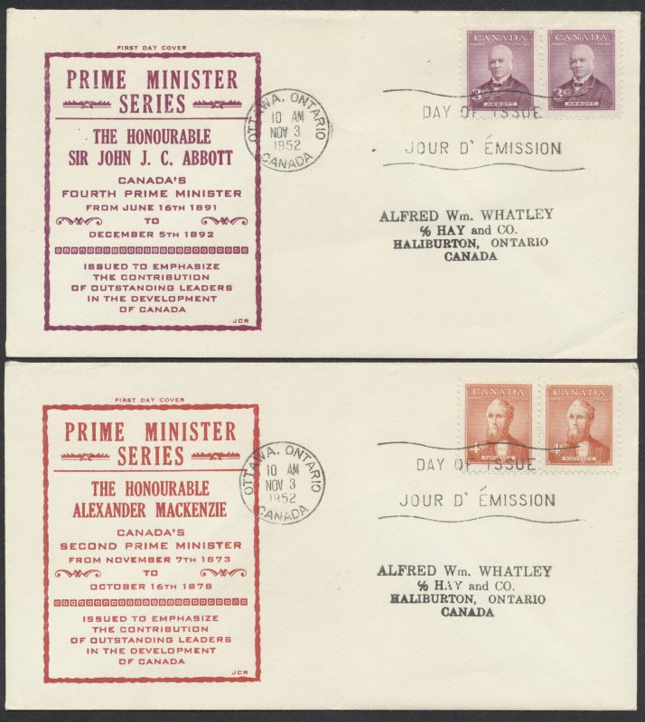 1952 #318-319 Two Prime Ministers FDCs Pairs JCR Cachets Ottawa