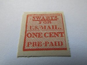 US Local Stamps, Scott # 136L15 Red, SWARTS for U.S. Mail, One Cent,1850 MH NG,
