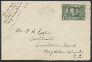 1928 Winter Flight Cover Charlottetown PEI to Grindstone Island PQ via Moncton