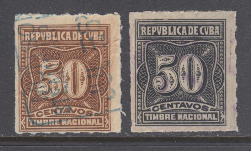 Cuba 1920 rouletted revenues, used, 2 different 50c fiscals, sound