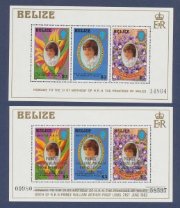 BELIZE - Scott 624 & 634 o/p- MNH S/S - Princess Diana & Birth of Prince William