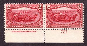 US 286 2c Trans-Mississippi Mint Plate #727 Bottom Pair F-VF OG NH SCV $160